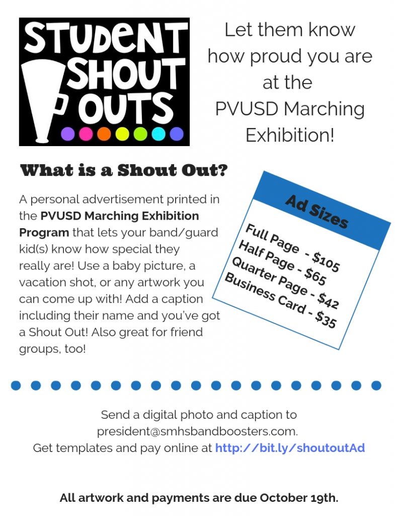 PVUSD Marching Exhibition Shout Out Ads Shadow Mountain Band Boosters